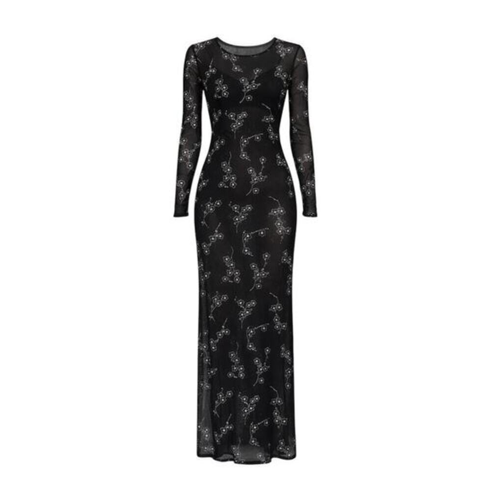 vtg 90s Black Sheer Floral Maxi Dress Long Sleeve